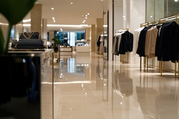 A luxurious clothing store showcases high-end garments on polished hangers in a well-lit space, reflecting sophistication and contemporary taste in modern retail aesthetics.