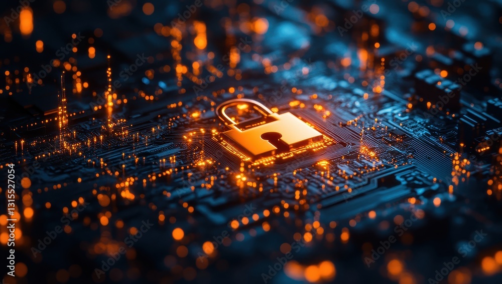 Poster digital lock on circuit board with glowing lights representing cybersecurity and data protection in 