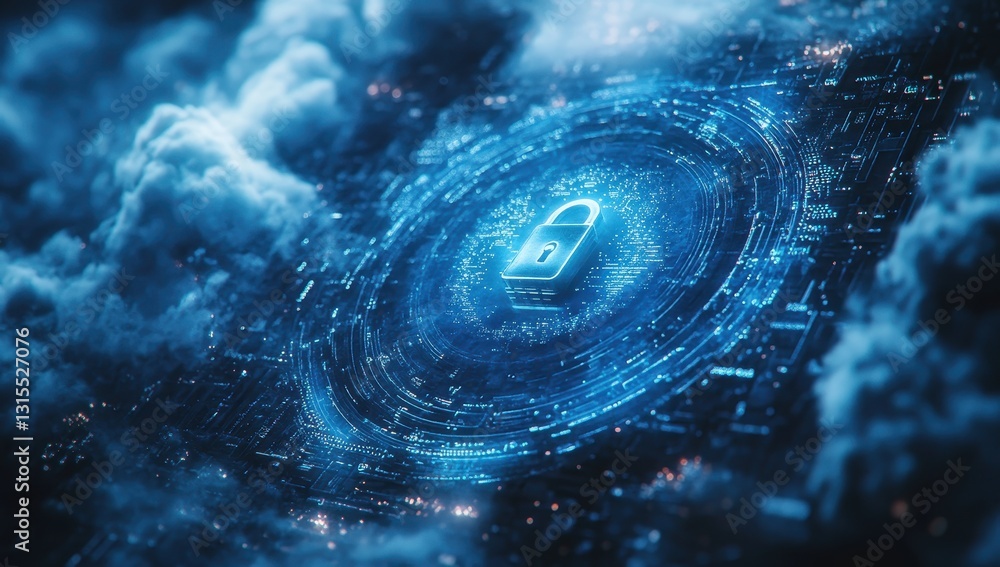 Poster digital lock symbol in a network of clouds and data streams representing security and protection in 