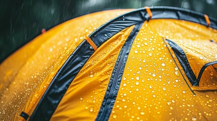 Rain drops on yellow tent fabric in heavy downpour.