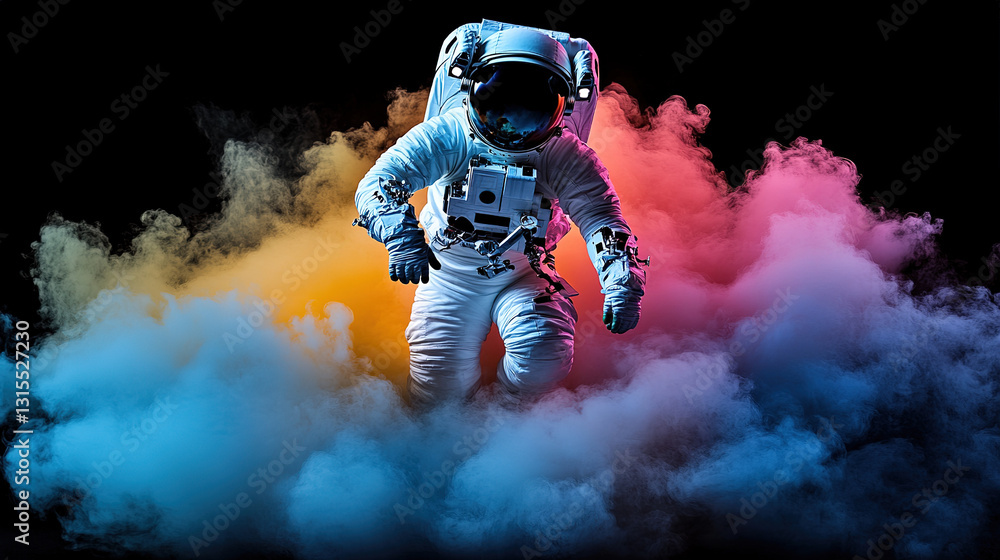 Poster astronaut exploring colorful cosmic clouds space digital art nebula environment dynamic perspective 