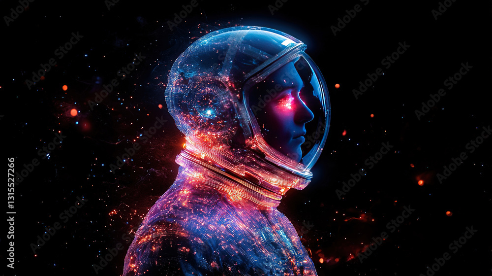 Poster astronaut exploring cosmic realms outer space digital art sci-fi environment profile view galactic c