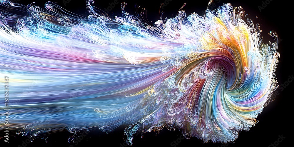 Poster chromatic swirl of spectral light fibers on dark backdrop rendering