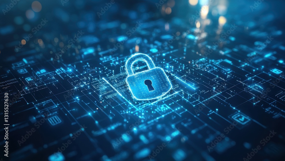 Poster digital padlock icon on a glowing abstract technology background representing cybersecurity, encrypt