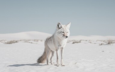 Obraz premium Pale fox standing in a white sand desert under a bright sky. The image features a calm atmosphere and a serene landscape