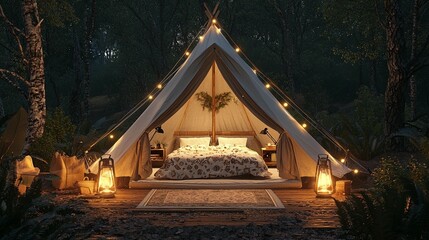 Romantic glamping tent in a forest at night, illuminated by string lights and lanterns.