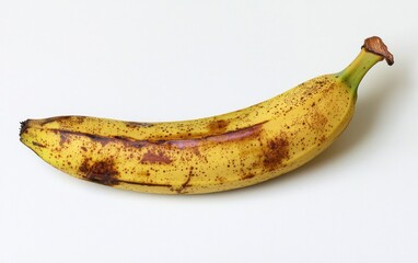 Overripe banana with brown spots and blemishes on a white background. Close-up view of a single, speckled banana showing signs of age