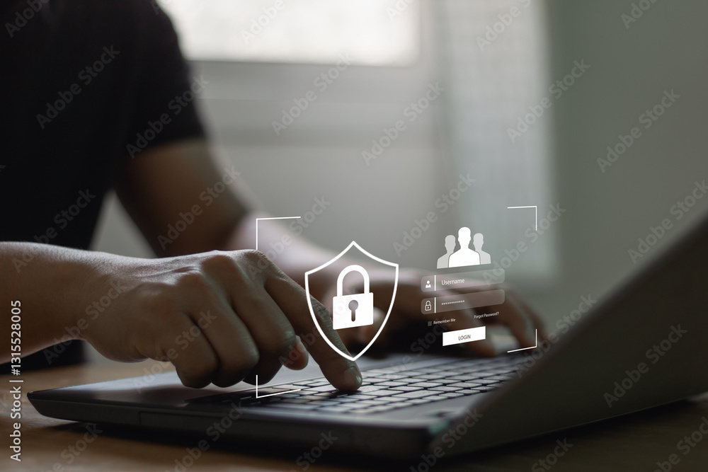 Fototapete Cyber security and privacy concepts to protect account data. Lock icon and internet network security technology. Businessmen protecting personal data access on laptop computer and virtual interfaces.