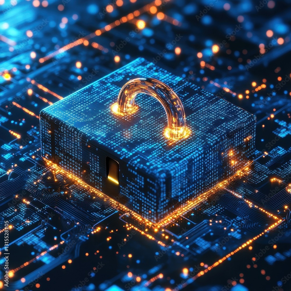 Poster digital security concept with a glowing lock on a technology circuit board background, representing 