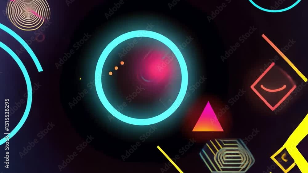 Poster vibrant abstract design with neon geometric shapes circles, triangles, squares, and lines creating d