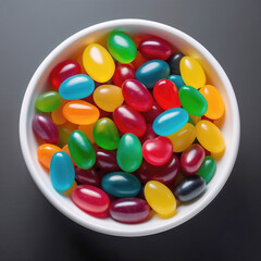 A white bowl is filled with colorful jellybeans creating a vibrant display on a dark background. The assortment includes hues of red, green, yellow, blue, and orange, evoking a playful and sweet mood.
