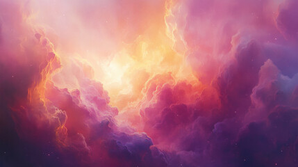A surreal skyscape where soft pastel pinks and rich amber tones collide, forming a celestial painting in the heavens. The cloud textures are velvety and smooth, exuding an otherworldly softness