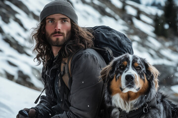 A rugged-looking young man with long, wavy hair and a beard, wearing a beanie and a heavy outdoor jacket with a backpack, standing in a snowy mountainous landscape with a large, fluffy dog beside him
