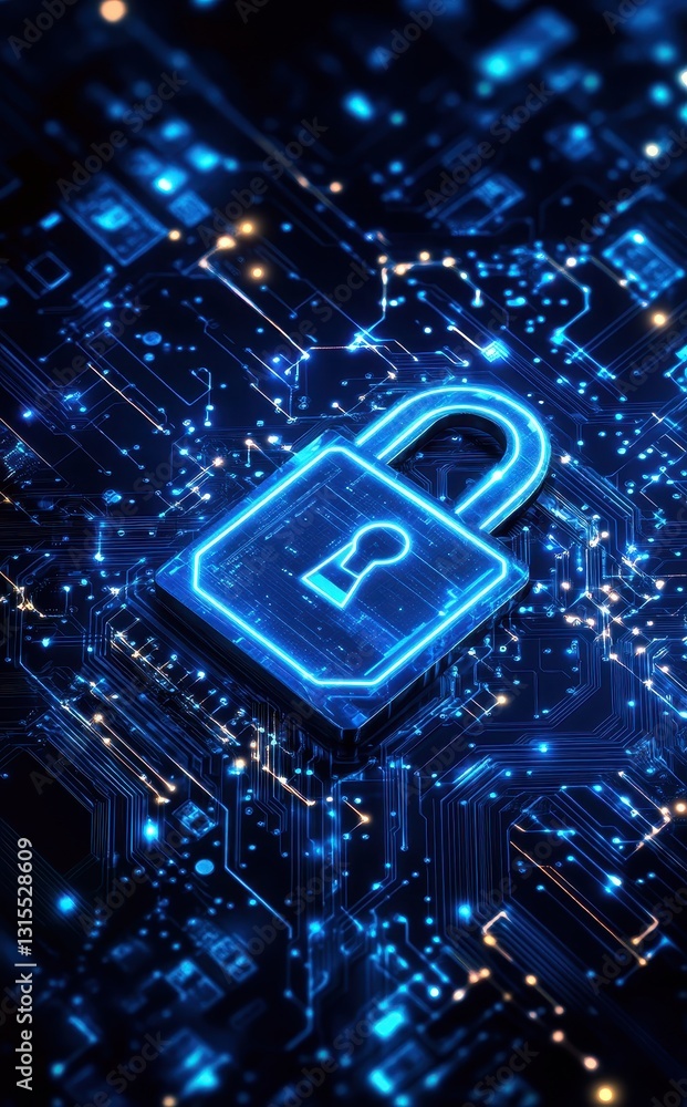 Poster digital security concept with glow lock over circuit board background representing data protection a