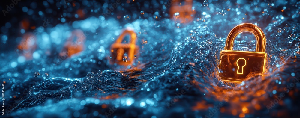 Poster digital security concept with glowing orange locks in cascading water, illustrating the idea of onli