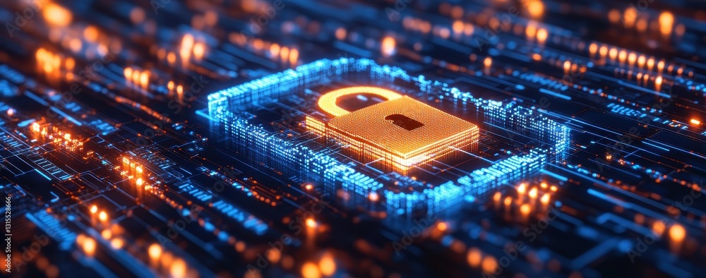 Poster digital security concept with glowing lock symbol and vibrant circuit patterns representing data pro