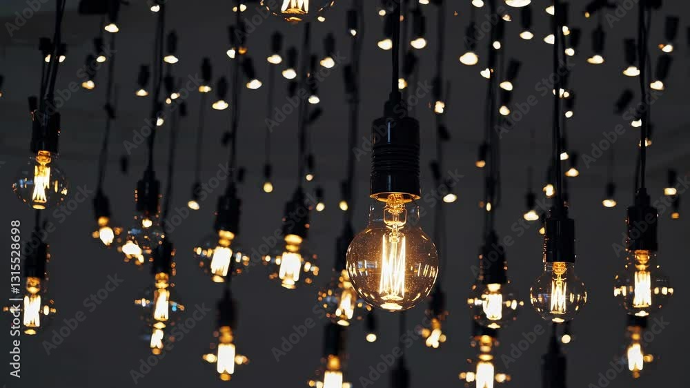 Poster a mesmerizing video still of numerous hanging light bulbs glowing warmly. captured from a low angle,