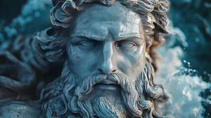 Majestic ocean god sculpture coastal area artistic rendering dramatic environment close-up view mythological concept