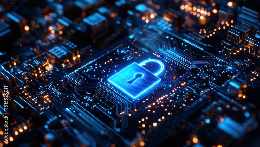 Poster digital security concept with lock symbol on circuit board, representing data protection, cybersecur