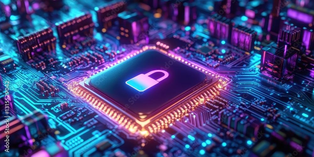 Poster digital security concept with lock symbol on circuit board representing cyber protection and technol
