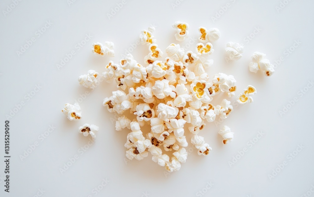 Poster a pile of popcorn scattered on a white background. the popcorn is light yellow and white, creating a
