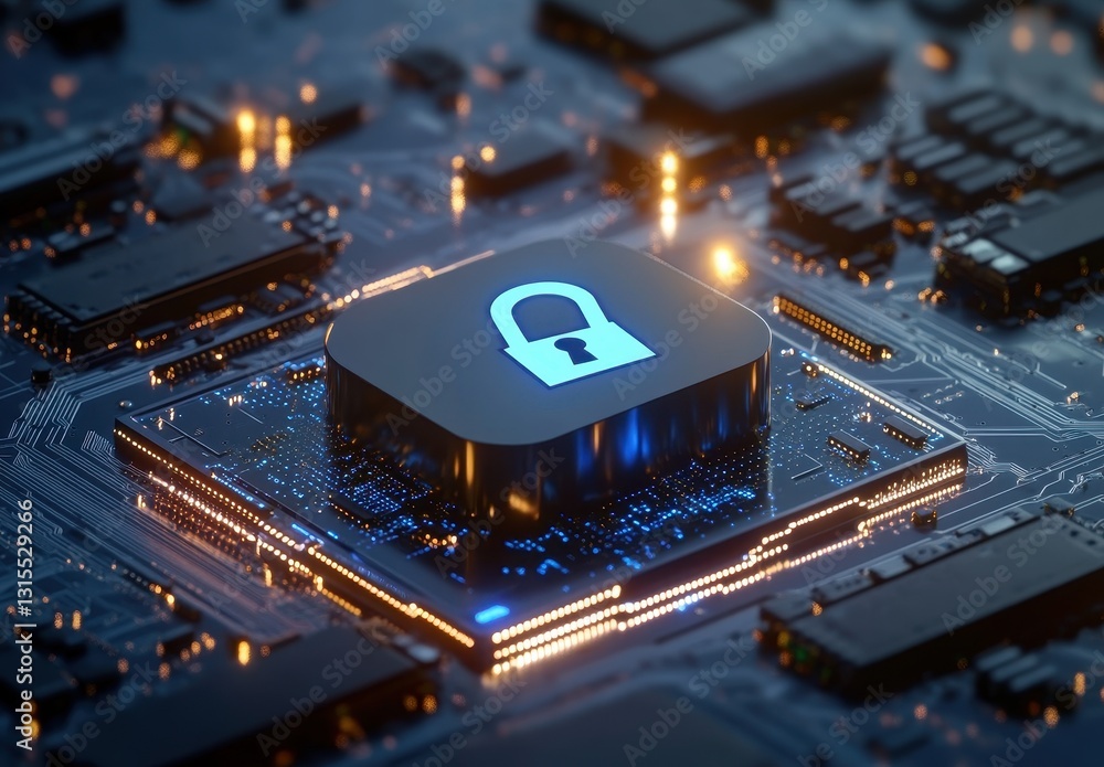 Poster digital security concept with microchip featuring glowing lock symbol set against a circuit board ba