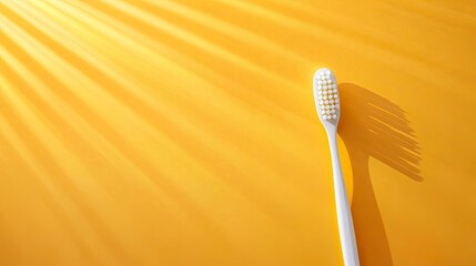 White toothbrush on yellow background with sun rays, hygiene concept.