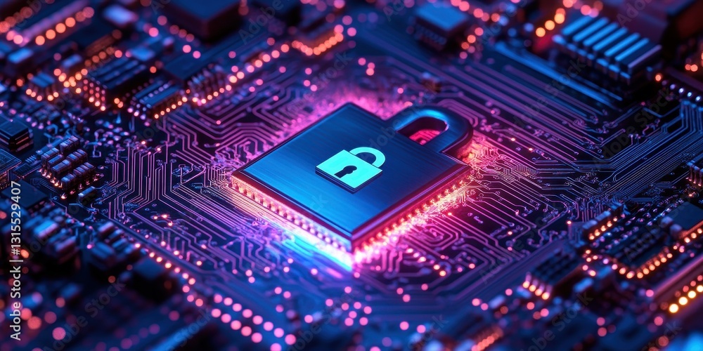 Poster digital security lock on a microchip with glowing lights representing technology, cybersecurity, and