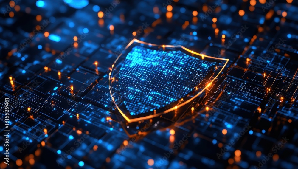 Poster digital security shield amid glowing data networks, representing cybersecurity, technology advanceme