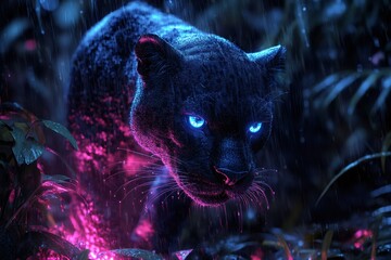 Neon panther prowling in futuristic rain at night