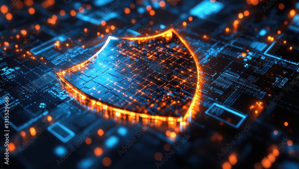 Poster digital shield cybersecurity concept with neon lights and circuit patterns, technology graphic desig