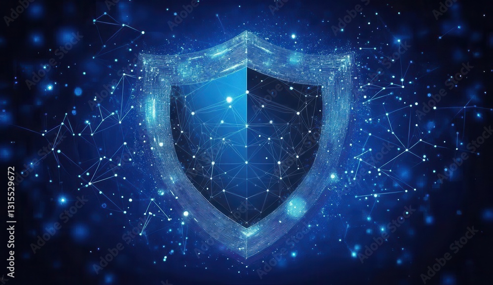 Poster digital shield concept representing cybersecurity protection with hexagonal shapes and geometric con