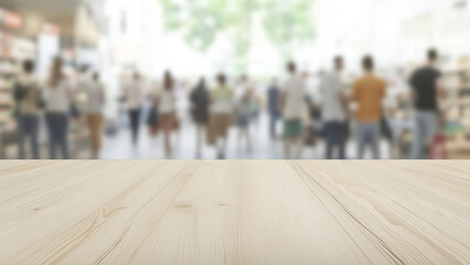 Empty wooden table with blurred shopping mall background

