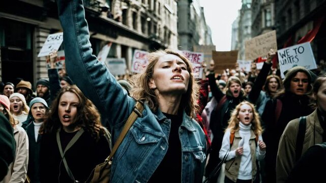 Dynamic street protest video with a low-angle shot, capturing passionate demonstrators holding signs, emphasizing activism and unity.