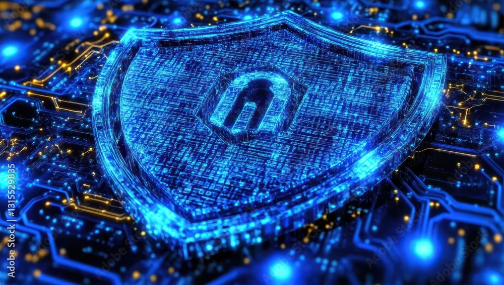 Poster digital shield symbolizing cybersecurity protection in an abstract futuristic technology background 