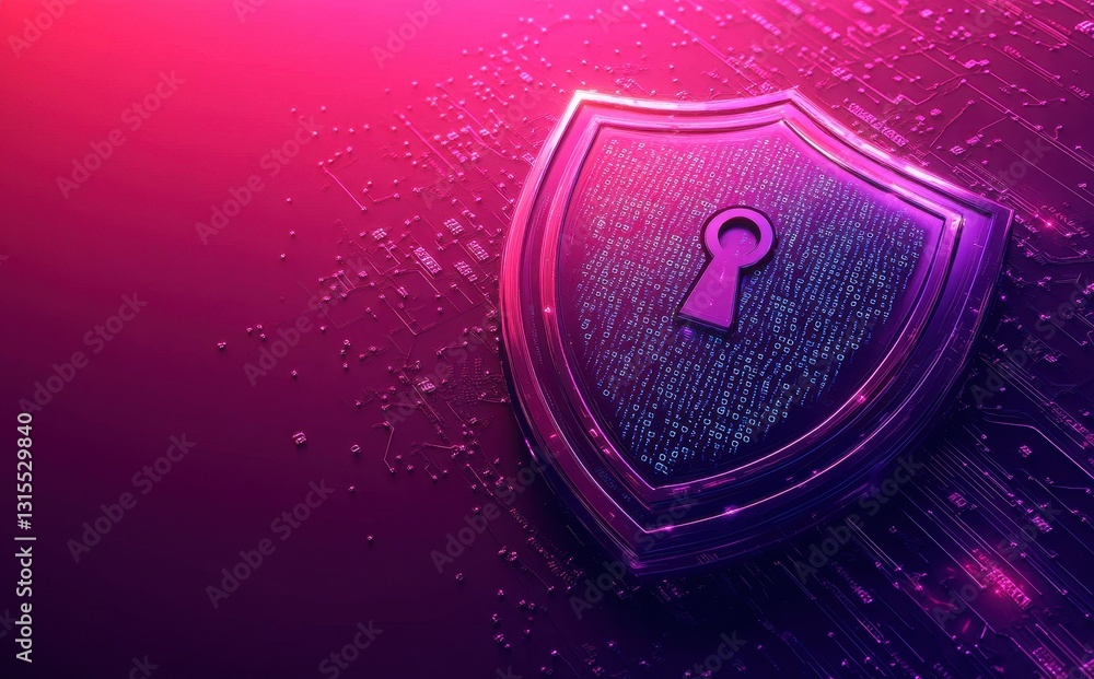 Poster digital shield symbolizing cybersecurity with a padlock on a vibrant background filled with binary c