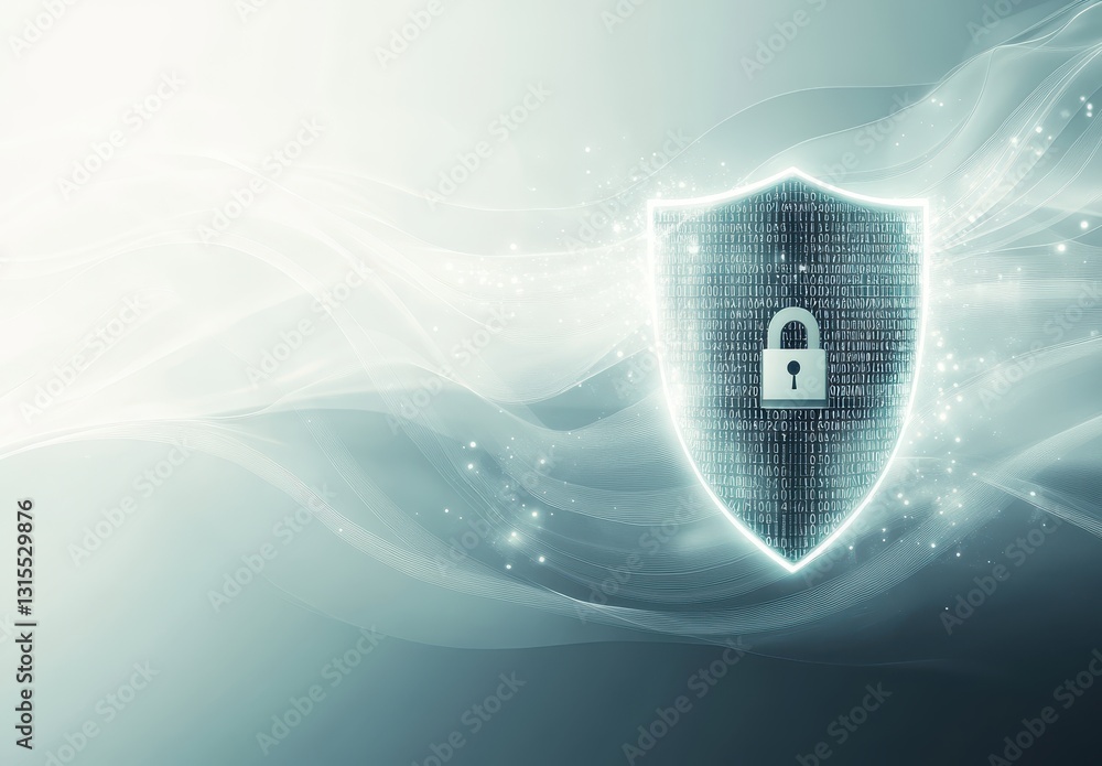 Poster Digital shield symbolizing data security with binary code and glowing effects on modern gradient background for online protection and cybersecurity themes