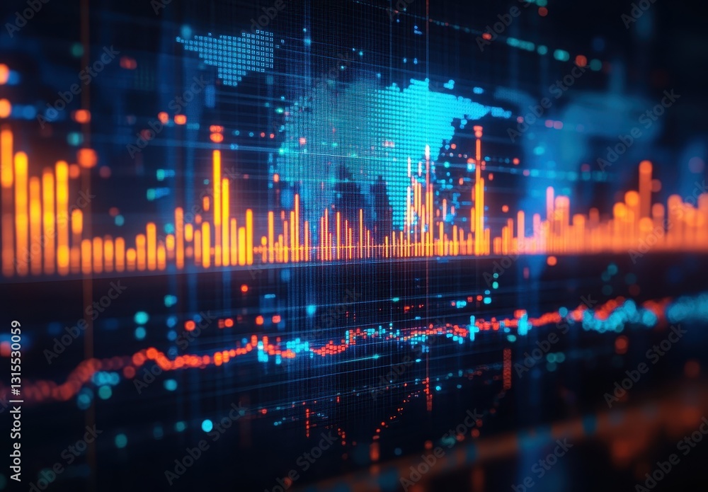 Poster digital visualization of global data trends with colorful charts representing statistical analysis a