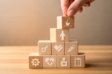 Building A Foundation For Well-being A Hand Carefully Places A Block Representing Healthy Living Atop A Pyramid Of Wooden Blocks Symbolizing Key Life Aspects, All On A Warm Wooden Surface