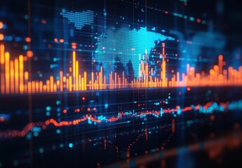 Digital Visualization of Global Data Trends with Colorful Charts Representing Statistical Analysis and World Map in a Futuristic Technology Concept