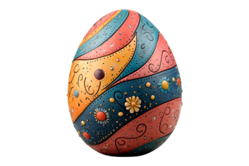 Decorative Easter egg with colorful floral patterns isolated on transparent background