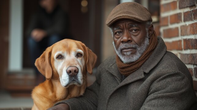 African American Elderly Man with Loyal Golden Retriever Sitting on Porch in a Vintage Outfit for Themes of Friendship, Aging, and Pet Companionship in Warm, Earthy, and Neutral Tones