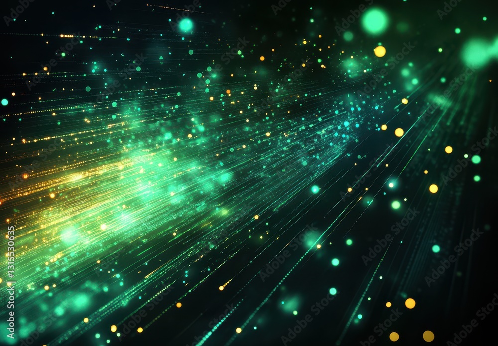 Poster dynamic streaks of light and sparkling particles in vibrant green and yellow tones, creating an abst