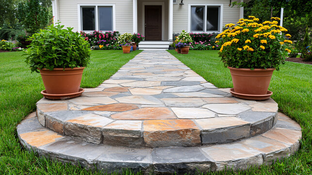 Elegant House Entrance with Stone Path and Potted Plants Creating Inviting Landscaping Design