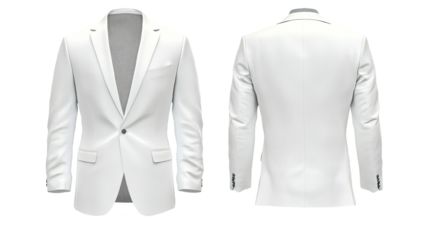 White suit, front & back views, studio shot, clean background, fashion design