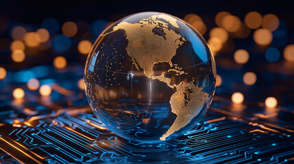Golden Globe with Continental Landmasses Embedded on Illuminated Circuit Board Surface Design