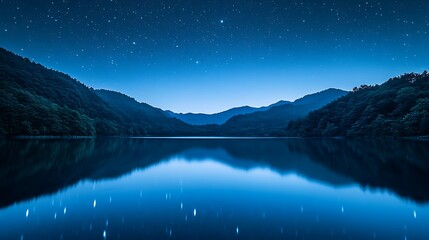 Starry night lake mountain reflection