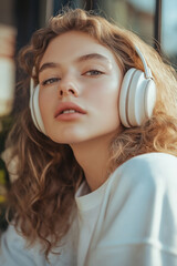 closeup portrait of young woman wearing wireless headphones relaxing