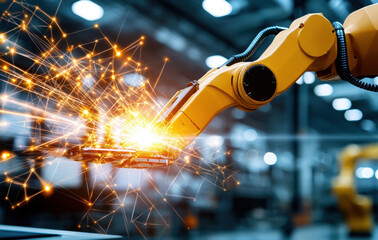 Automated robotic arm creating sparks in modern industrial setting