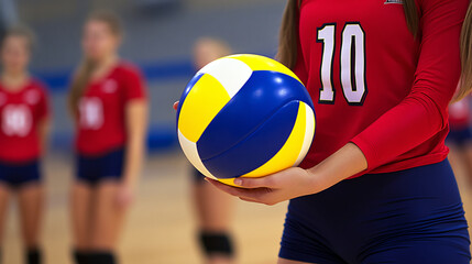 Fototapeta premium Volleyball Athlete Holding Ball with Teammates in Background Sport Activity Game Focus